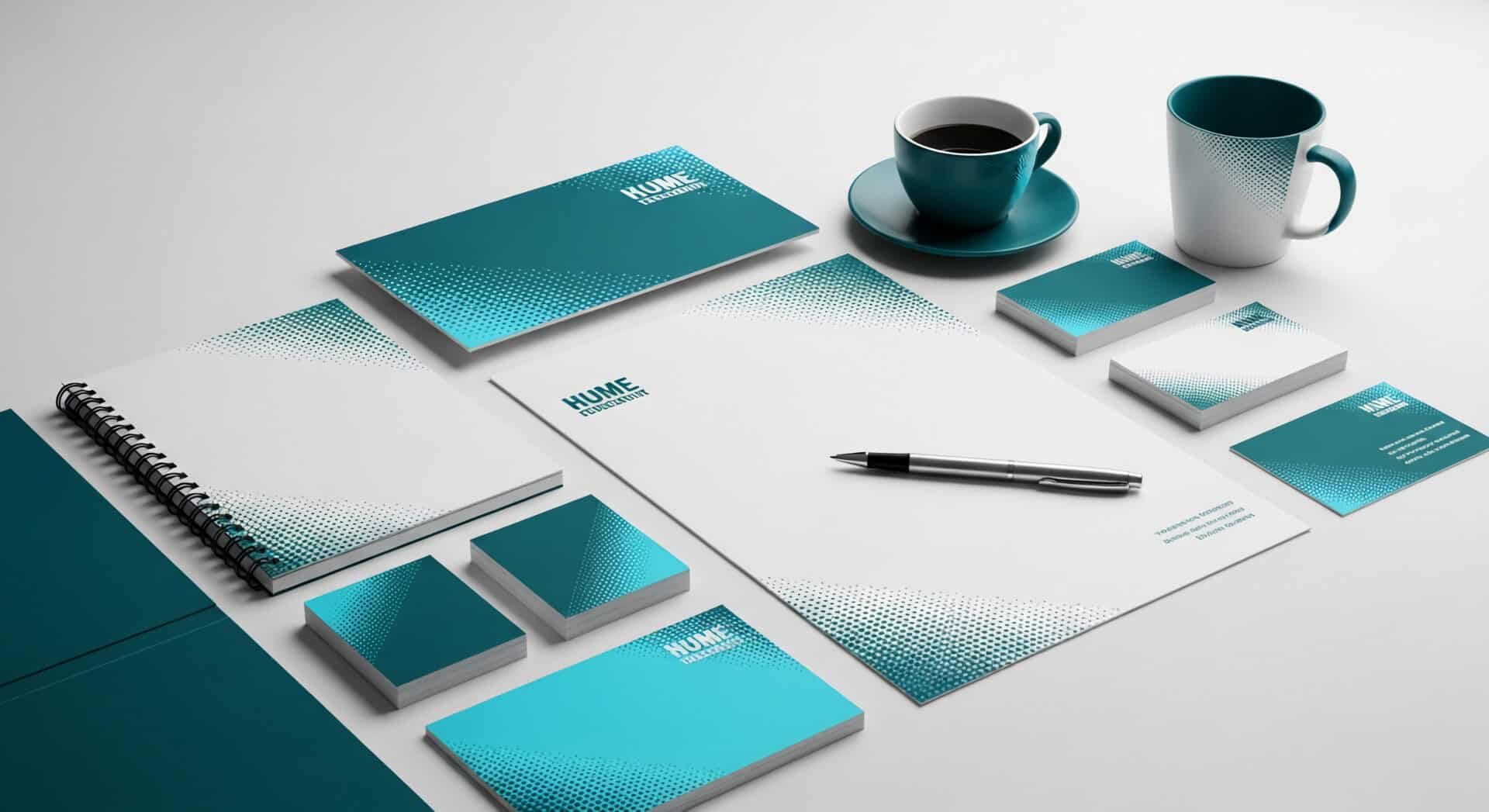 Corporate stationery set, showing letterhead, notepad, cards, mug, and pen, presented on a white surface, showcasing brand material, mockup, text space