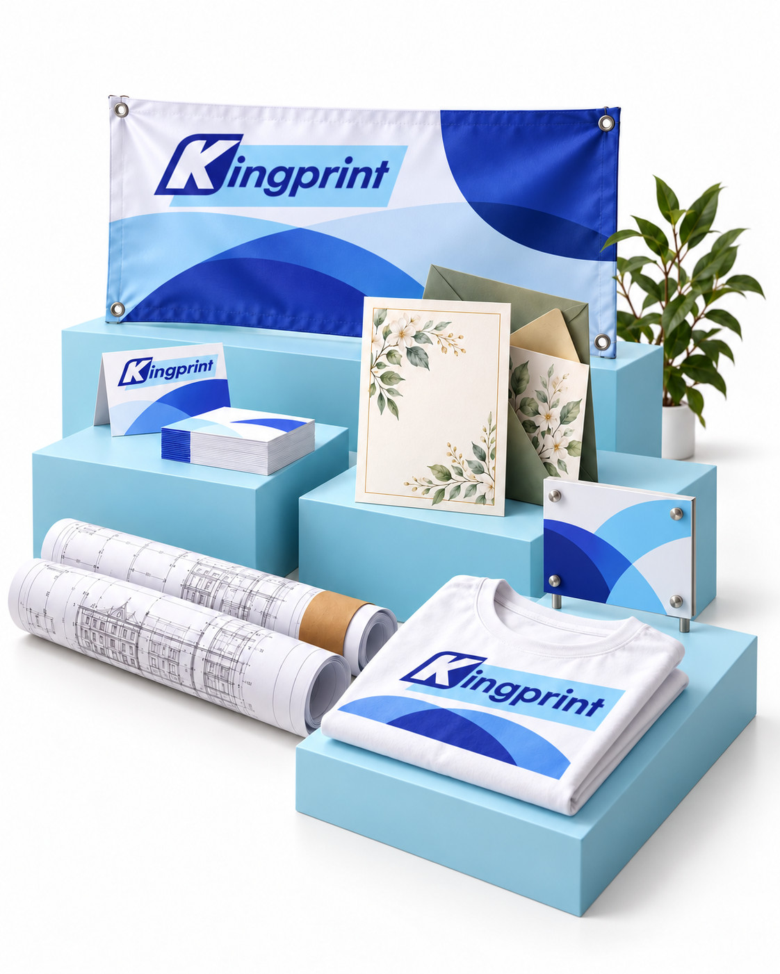 Printed banner, business cards, wedding invitation, building plans, signage and T-shirt arranged on blue display blocks