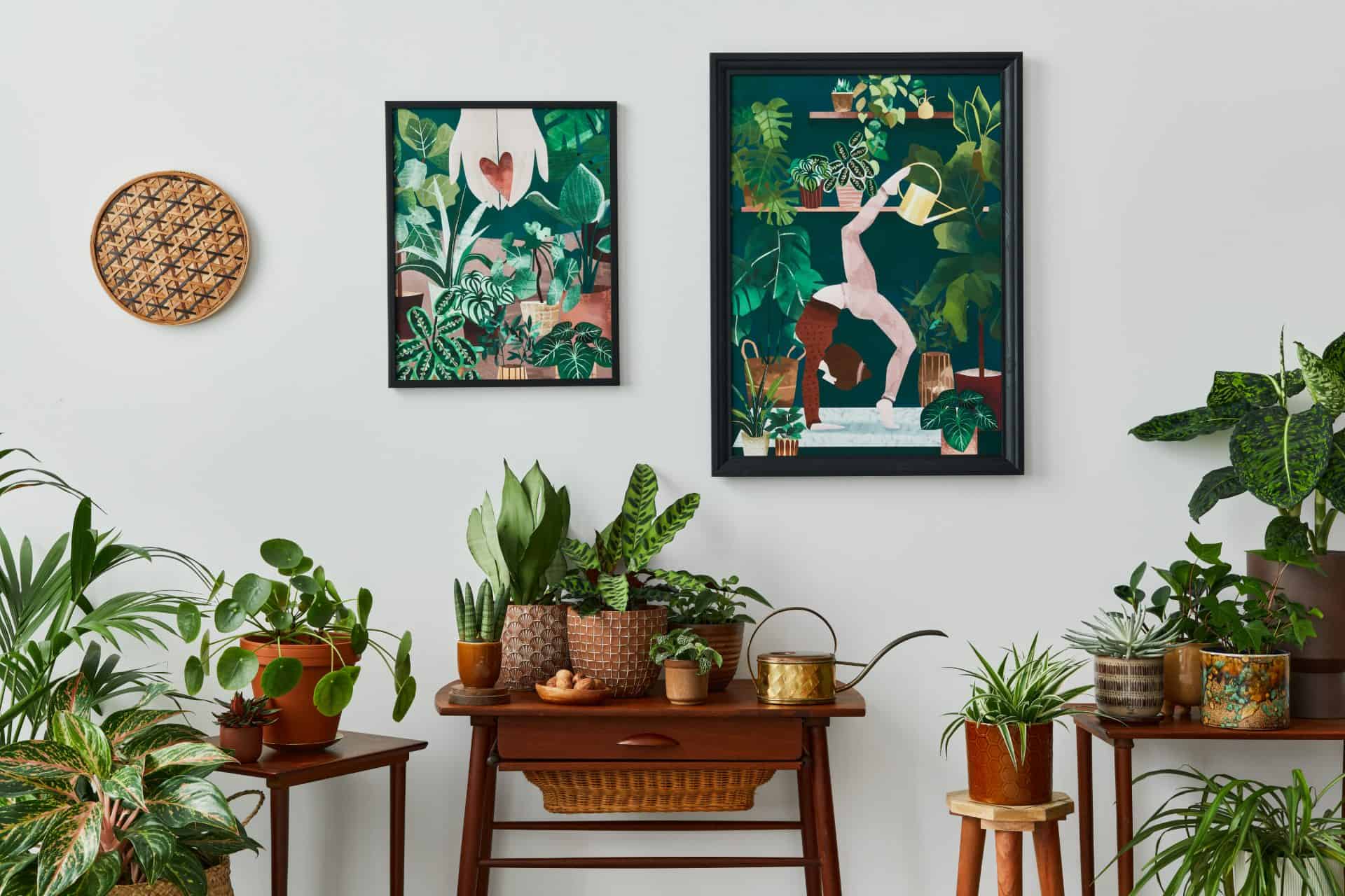 Domestic interior of living room with vintage retro shelf, a lot of house plants, cacti, wooden mock up poster frame on the white wall and elegant accessories at stylish home garden. Template.